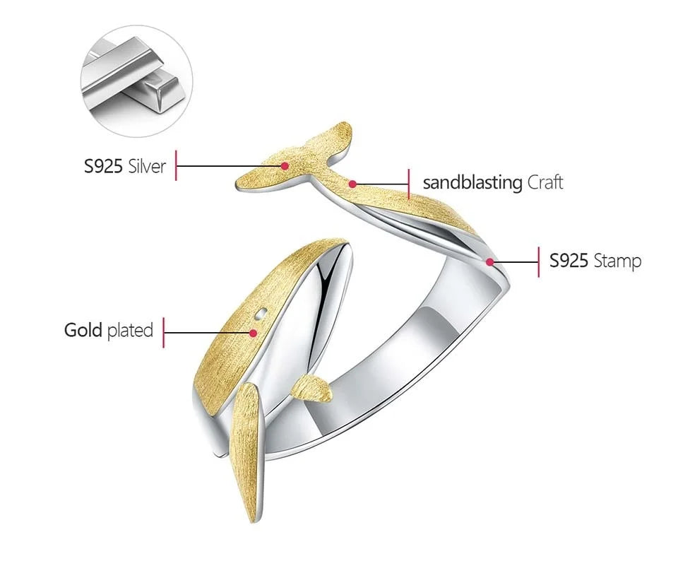 Lotus Fun 18K Gold Personality Whale Dating Adjustable Rings for Women Original 925 Sterling Silver Luxury Quality Fine Jewelry