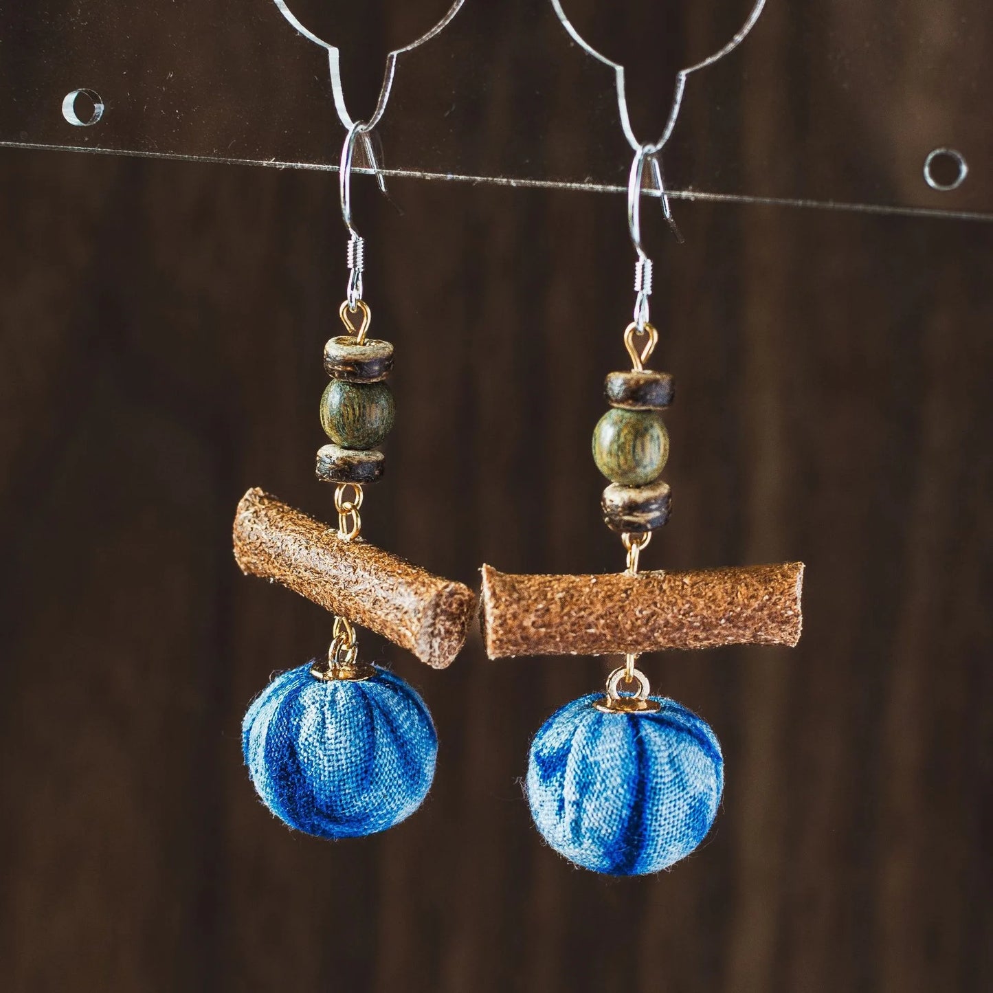 A pair of handmade indigo tie dye earrings with a shabby style, Chinese retro and ethnic style Women's Accessories