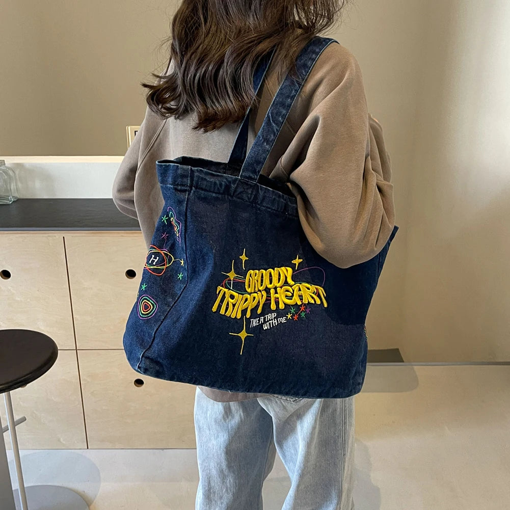 Denim Shoulder Bag Canvas Embroidered Letters Handbag Casual Travel Shopper Retro Hobo Bag Large Capacity Shoulder Underarm Bag Valentines Gift