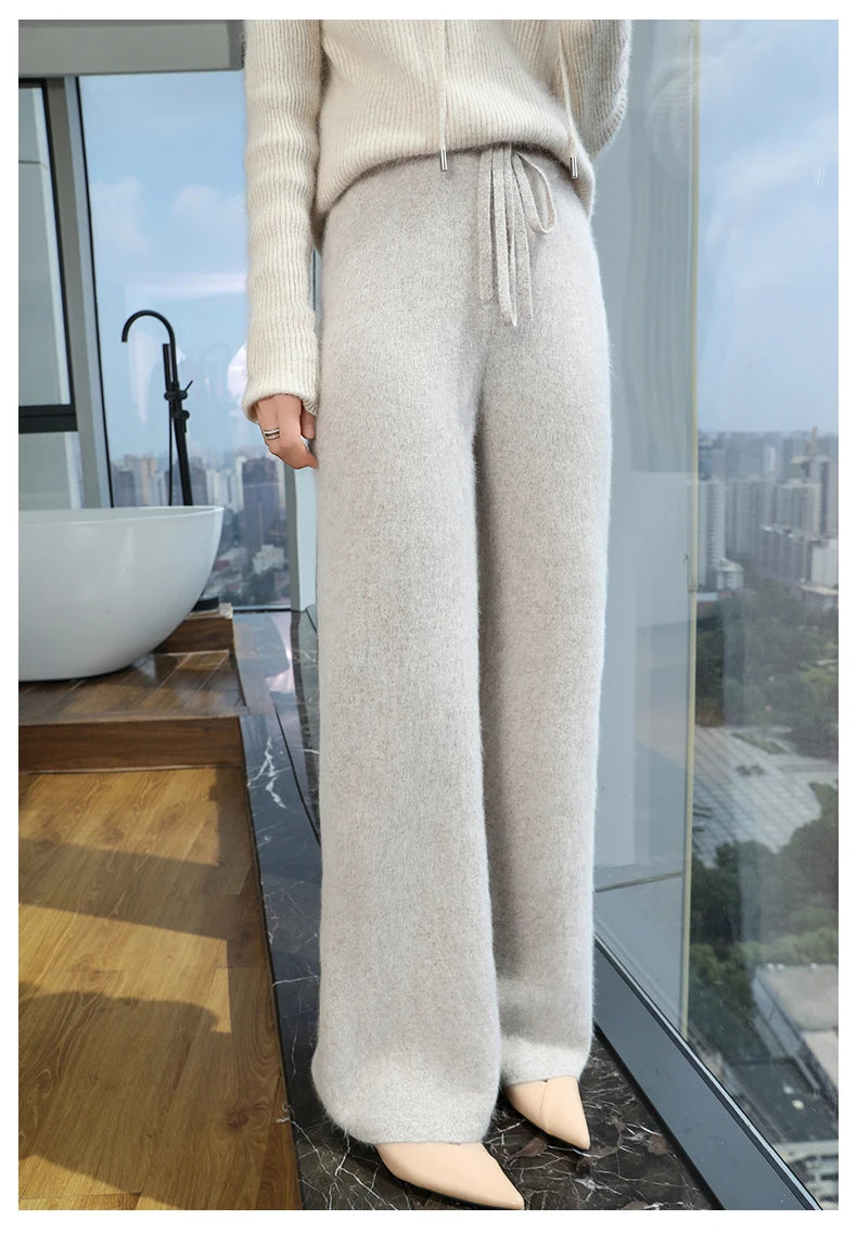 2024 Autumn/Winter New Mink Cashmere Wide Leg Pants for Women, Thickened, Warm, Loose, High Waist Strap up Vertical Casual Pants