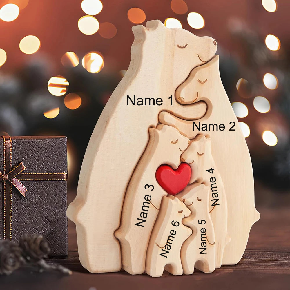 Custom Name Wooden Bear Family Ornaments Personalized Wood Carving Bear Puzzle Christmas Birthday Gift home decor action figure Valentines Gift