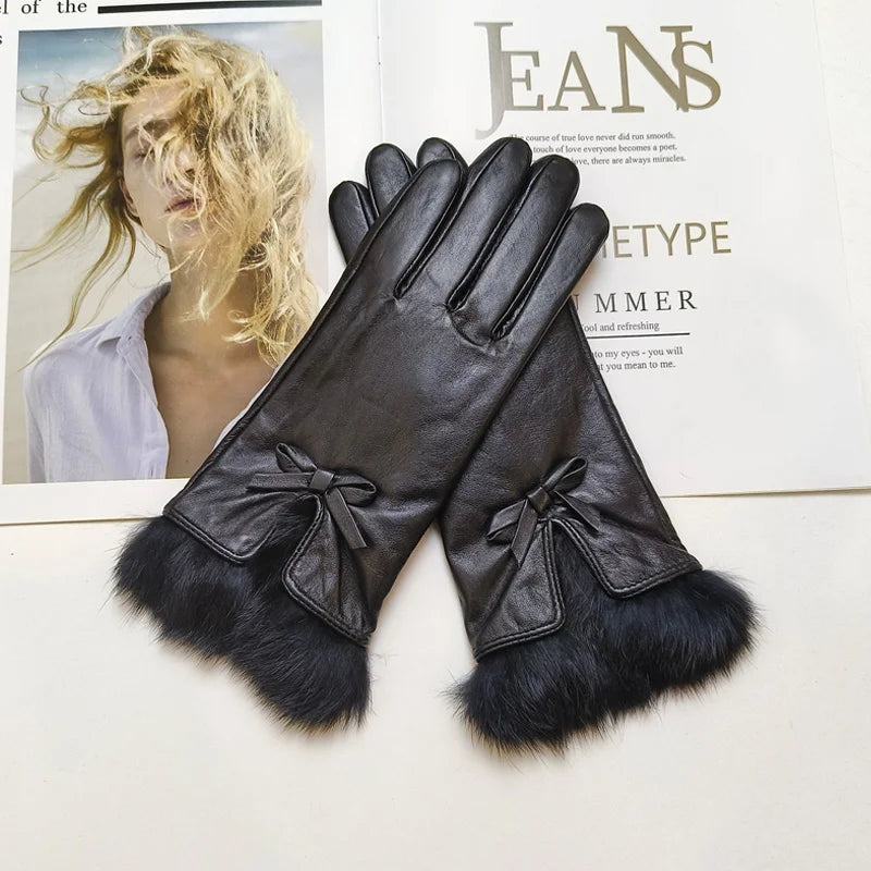 Women's sheepskin bow gloves with warm velvet lining and genuine leather driving gloves