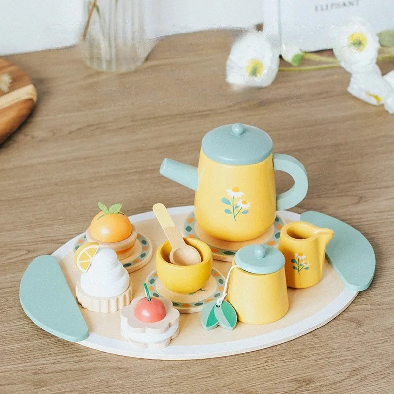 DIY Playing Home Wooden Simulation Kitchen Supplies Toy Afternoon Tea Birthday Cake European Tea Set Hands on Ability Training