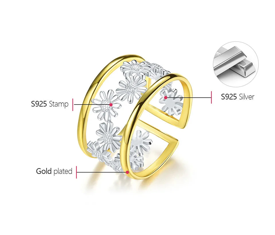 Lotus Fun Elegant Little Daisy Flower Adjustable Rings for Women Real 925 Sterling Silver Original Luxury 18K Gold Fine Jewelry