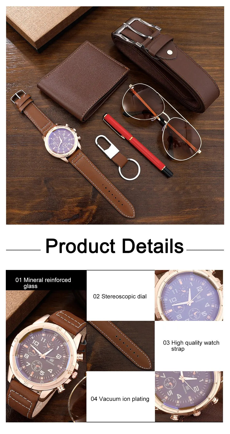 SHAARMS Men Gift Watch Business Luxury Company Mens Set 6 in 1 Watch Glasses Pen Keychain Belt Purse Welcome Holiday Birthday