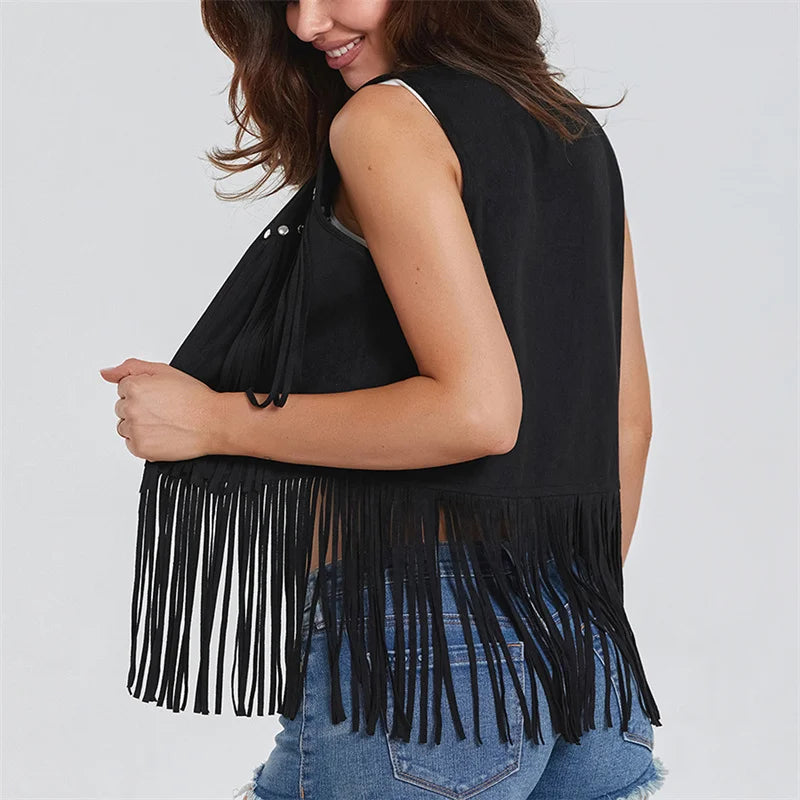 Women Fringe Vest Faux Suede Open Front Vintage Vest Sleeveless Hippie Clothes Boho Western Cowboy Style Short Jacket