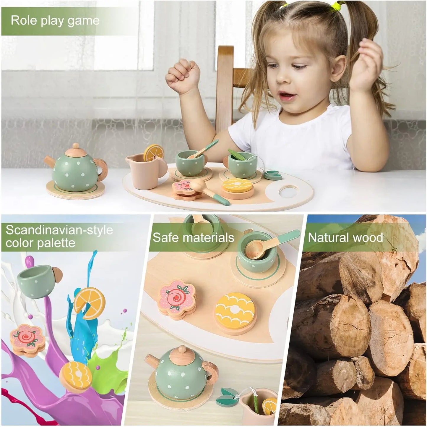 Kids Wooden Toy Ice Cream Counter Playset Tea Party Set Toy Montessori Pretend Play Kitchen Toy Role Play Game for Children Gift