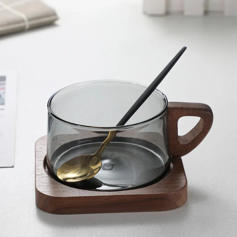 200ml Glass American Latte Coffee Cup With Wooden Tray High Borosilicate Heat-resistant Milk Tea Cup Fresh Ground Coffee Mug