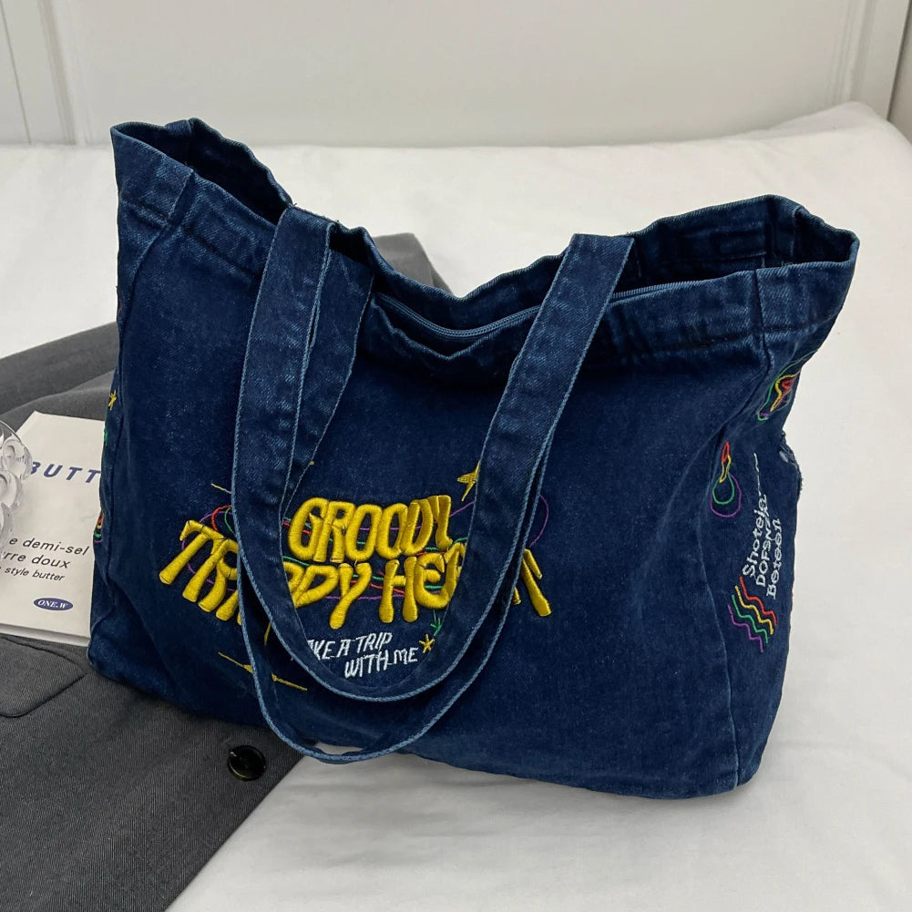 Denim Shoulder Bag Canvas Embroidered Letters Handbag Casual Travel Shopper Retro Hobo Bag Large Capacity Shoulder Underarm Bag Valentines Gift