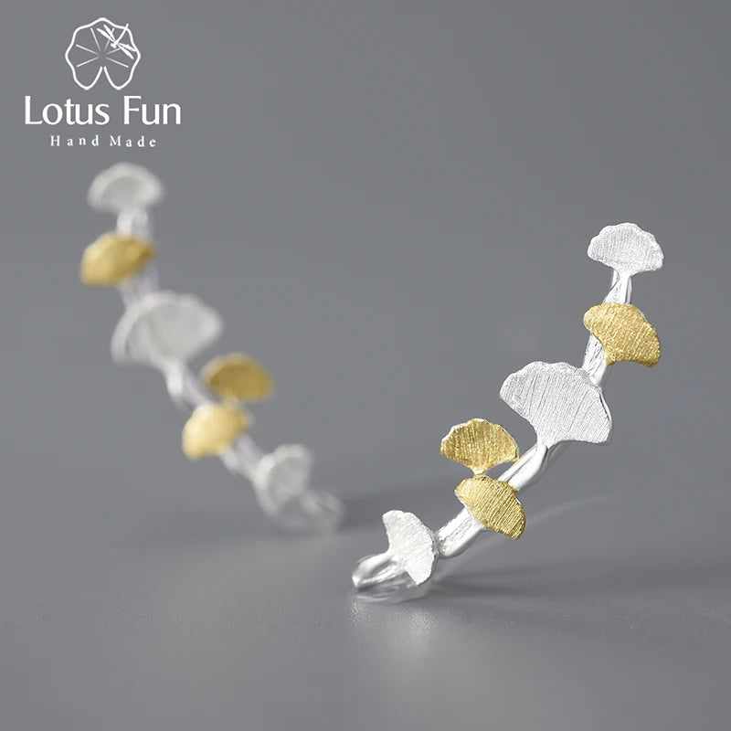 Lotus Fun 18K Gold Delicate Ginkgo Leaves Long Branch Stud Earrings for Women Real 925 Sterling Silver Luxury Quality Jewelry