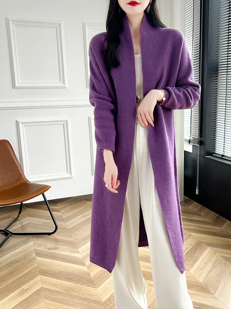 2024 Women Long Cardigan Cashmere Sweater Spring Autumn Winter Office Lady Loose Coat 100% Merino Wool Knitwear Korean Fashion