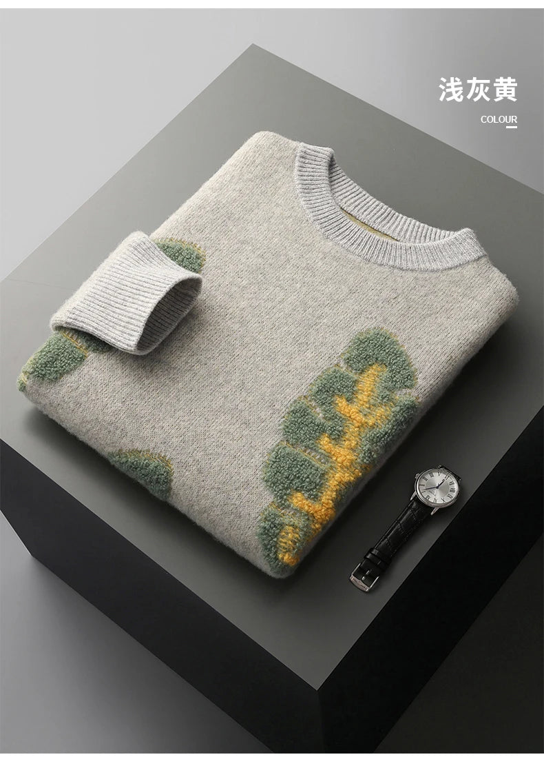 Autumn and Winter New 100% Merino Wool Men's Cashmere Sweater Round Neck Pullover  Knitted Casual Fashion Retro Top