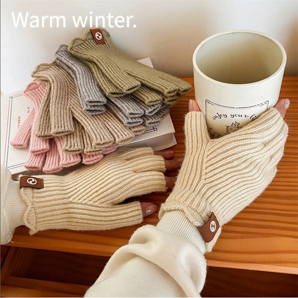 Women's Solid Color Knitted Warm Gloves Winter Half Finger Touch Screen Mittens Outdoor Cycling Stretch Gloves for Adult Couples