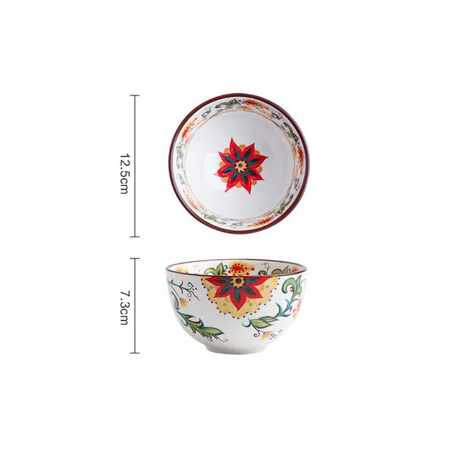 Creative Bowl Ceramic Bohemian Hand-Painted Rice Bowl  Instant Noodle Bowl Household Fruit Salad Bowl Kitchen Tableware