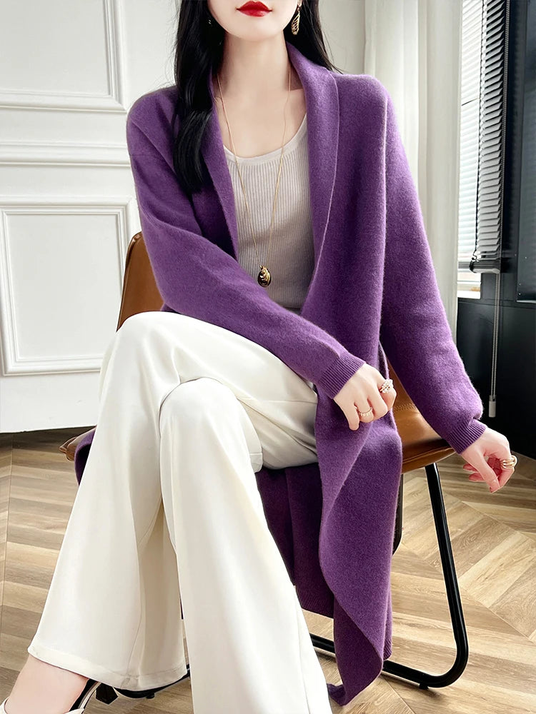 2024 Women Long Cardigan Cashmere Sweater Spring Autumn Winter Office Lady Loose Coat 100% Merino Wool Knitwear Korean Fashion