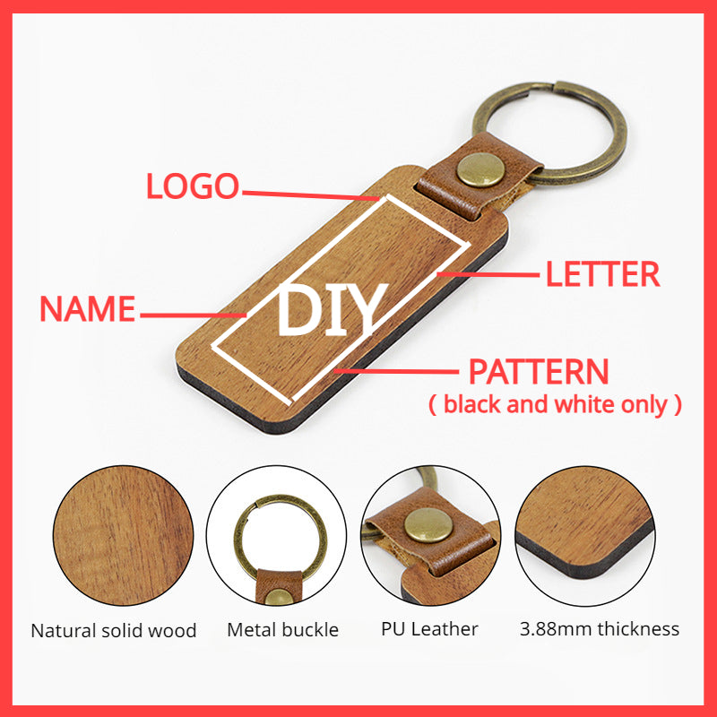 Customized PU Leather Wooden Keychain Blank DIY Wood Keyring Square Engraved Car Key Chains Retro for Friends Lovers Family Gift Valentines Gift