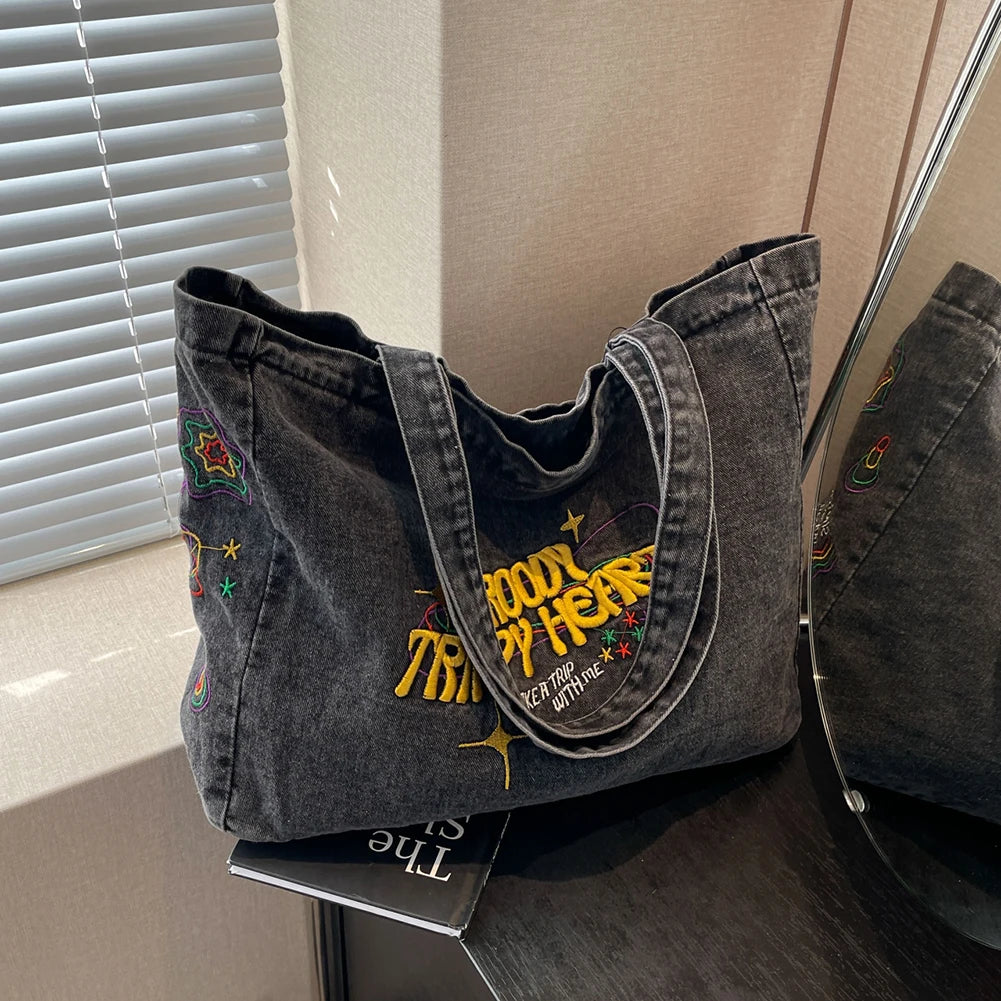 Denim Shoulder Bag Canvas Embroidered Letters Handbag Casual Travel Shopper Retro Hobo Bag Large Capacity Shoulder Underarm Bag Valentines Gift