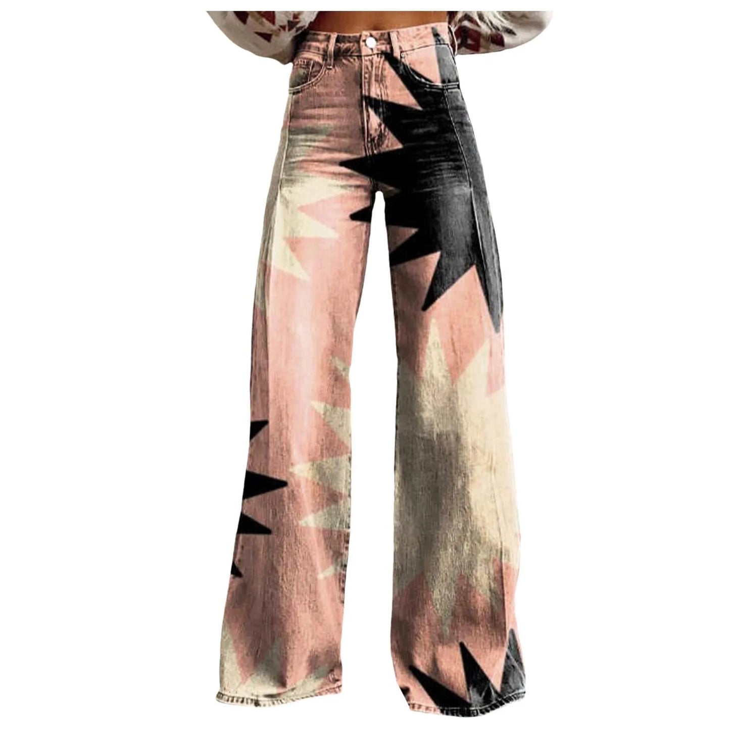 Loose Fit Comfort Vintage Wide Leg Jeans Fashion High Waisted Casual Denim Pants 90s Floral Printed Baggy Trousers Women