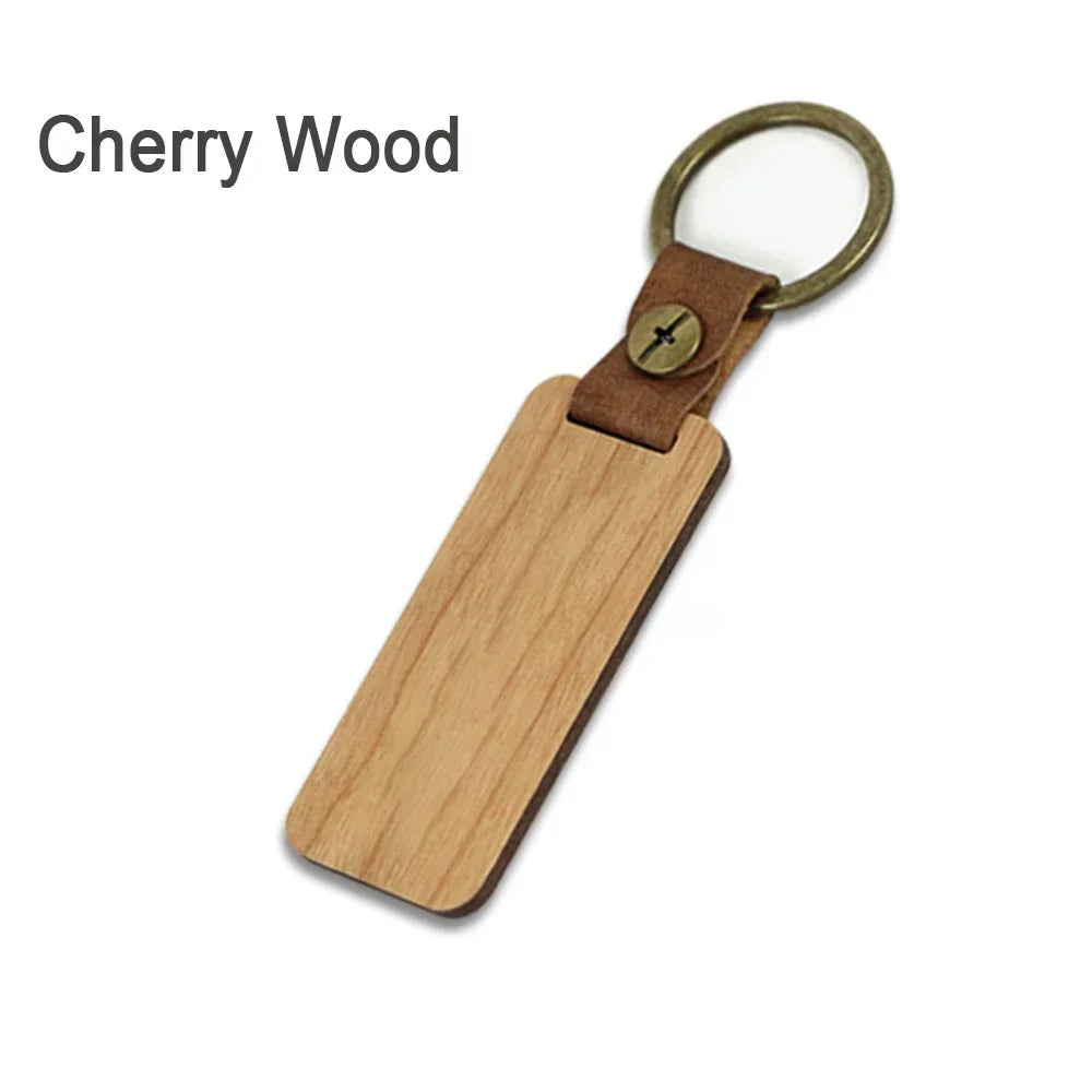 Customized PU Leather Wooden Keychain Blank DIY Wood Keyring Square Engraved Car Key Chains Retro for Friends Lovers Family Gift Valentines Gift