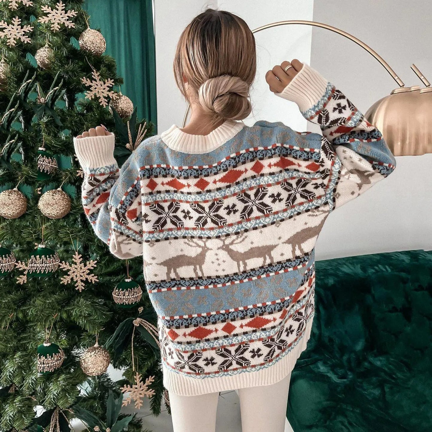 Funny Ugly Christmas Sweater Ethnic Style Novelty Five-Color Jacquard Knitted Pullovers Tops Fall Winter Santa Elk Stripe Jumper