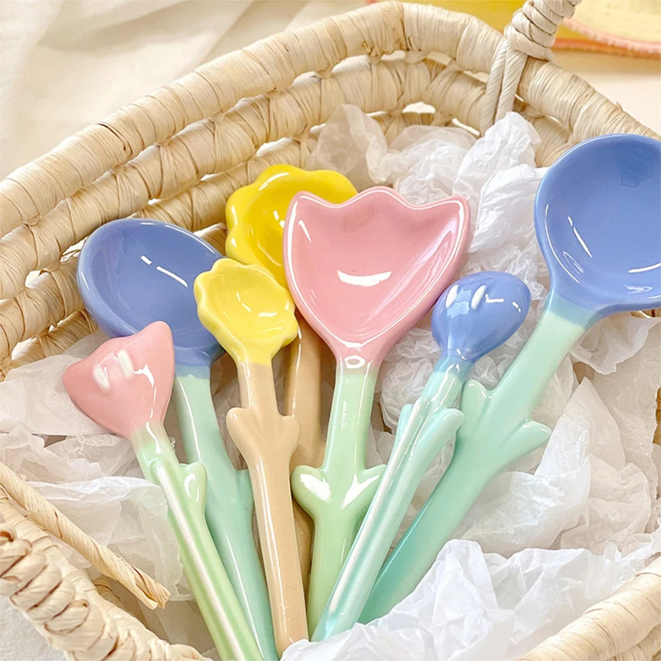 Kawaii Ceramic Flower Spoon Tulip Shaped Cute Milk Ice Cream Dessert Soup Spoon With Long Handle Kitchen Tableware Accessories