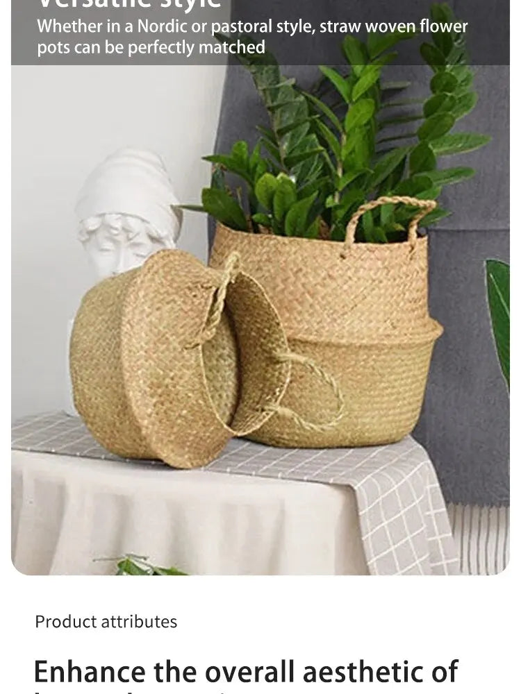 1pc Nordic Style Seaweed Wicker Basket for Home Storage - Perfect for Dirty Clothes, Plants, and Sundries - Hanging Decor Basket