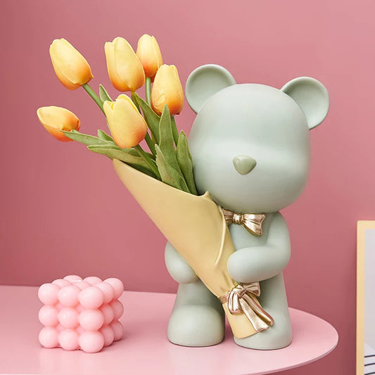 Bear Figurine Resin Flower Vase Modern Home Decor Vases Living Room Decoration Office Desk Accessories Wedding Decoration Gifts