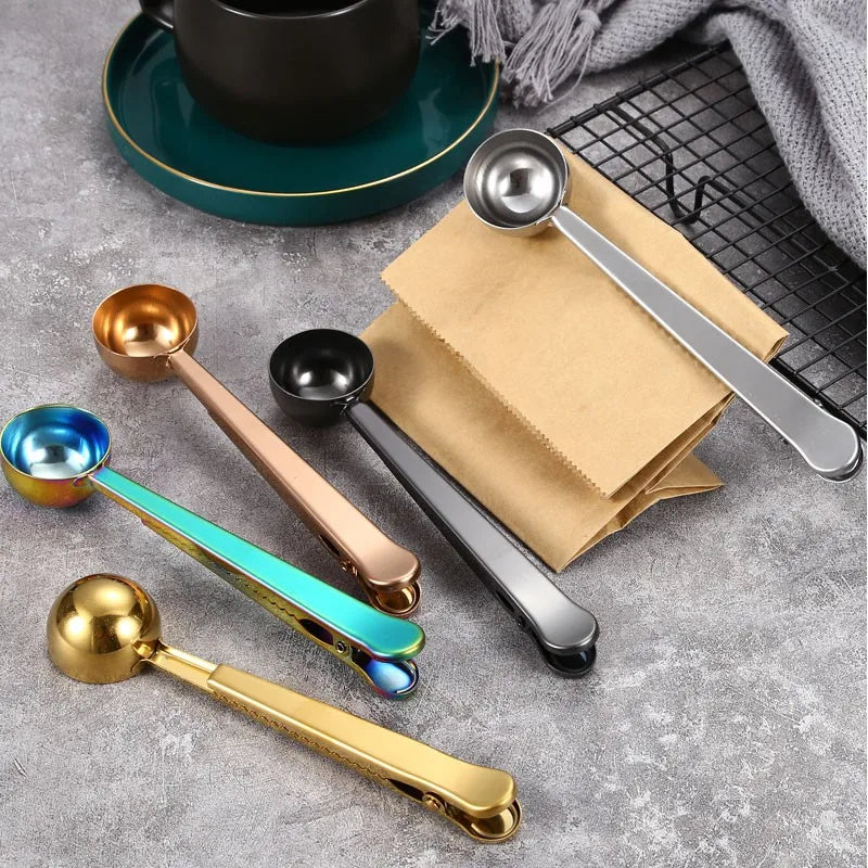 Stainless Steel Coffee Scoop with Clip, Multi-Function Spoon Bag Sealing Clip for Coffee Beans and Tea Leaves