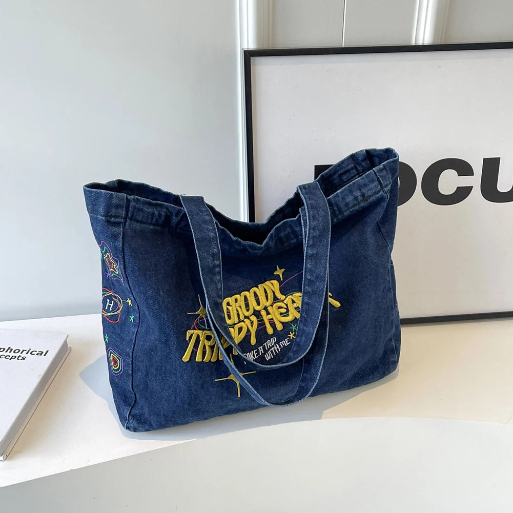 Denim Shoulder Bag Canvas Embroidered Letters Handbag Casual Travel Shopper Retro Hobo Bag Large Capacity Shoulder Underarm Bag Valentines Gift