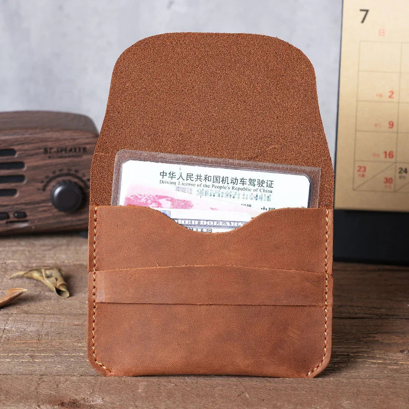 Simple Genuine Leather Card Holder Creative Retro Casual Mini Purse Wallet Crazy Horse Leather Small Business Cards Storage Case