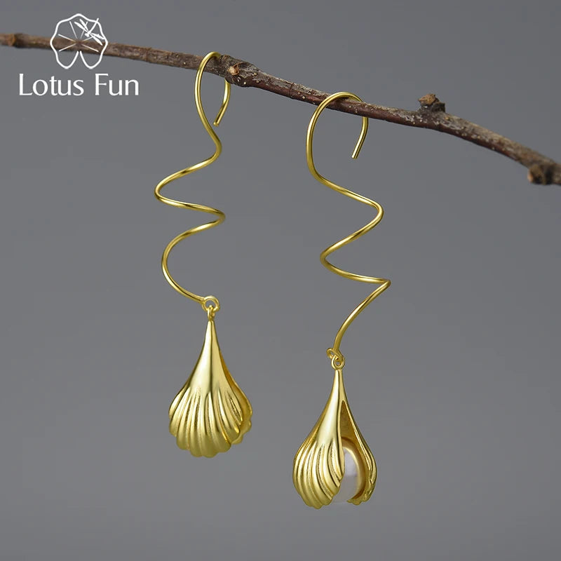 Lotus Fun Natural Mother of Pearl Beads in Shells Curve Long Dangle Earrings for Women 925 Sterling Silver Luxury Fine Jewelry