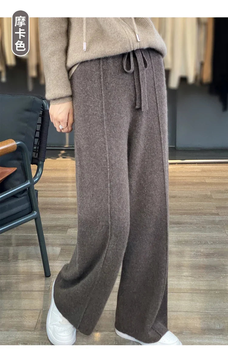 Wool Knitted Wide Leg Pants Women Autumn Winter Thickened High Waist Drip Feeling Cashmere Pants Coffee Straight Casual Pants