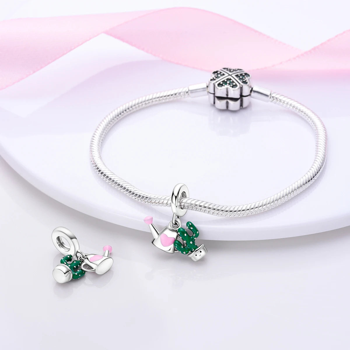 Silver Plated Charms For Woman Summer Green Cactus Avocado Beads Fit Original Pandora Bracelet Necklace DIY Dangle Charms