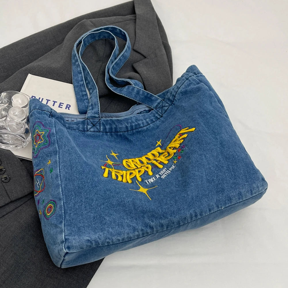 Denim Shoulder Bag Canvas Embroidered Letters Handbag Casual Travel Shopper Retro Hobo Bag Large Capacity Shoulder Underarm Bag Valentines Gift