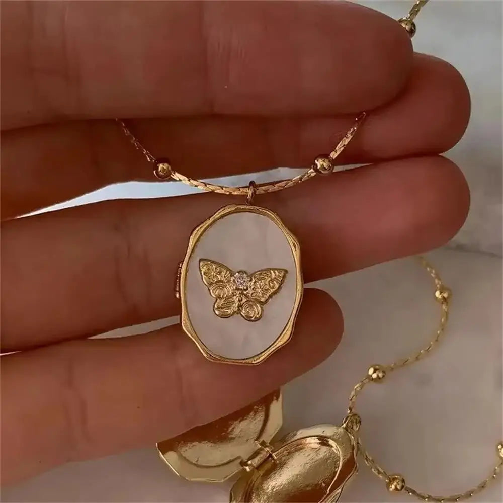 Creative Stainless Steel Openable Photo Frame Album Lock Pendant Necklace White Shell Butterfly Angel Choker Jewelry Family Gift