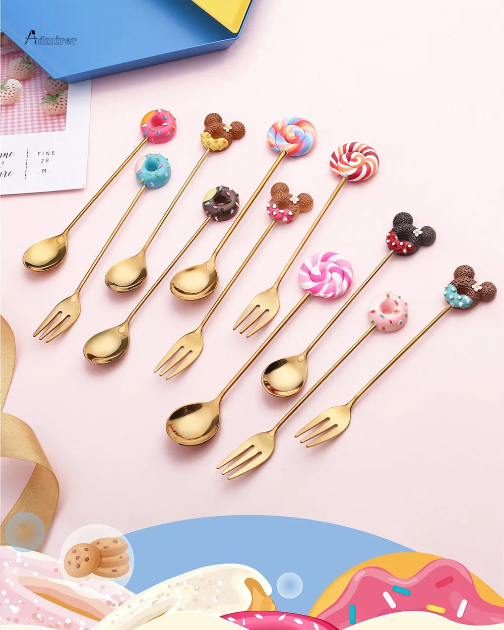 Stainless Steel Spoon Fork Cute Version Rainbow Lollipop Donut Macaron Dessert Spoons Fruit Forks Kids Set Kitchen Accessories