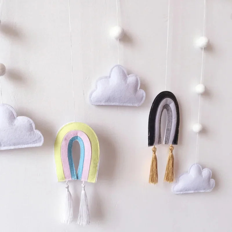 Nordic Style Cute Felt Clouds Shape Wall Hanging Ornament Wooden Stick Tassel Pendant Kids Room Decoration Photography Props