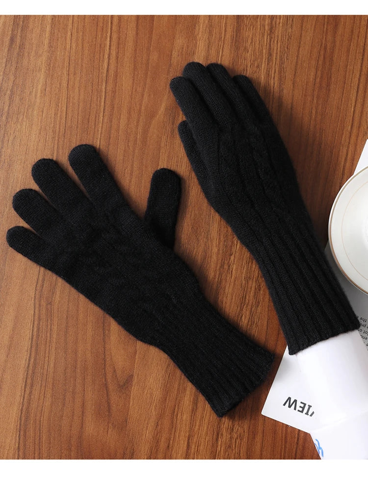 Women Wool Cashmere Gloves Cable Knit Touchscreen Finger Hole Winter Autumn Warm Wrist Length Classic Gloves Female Mitten