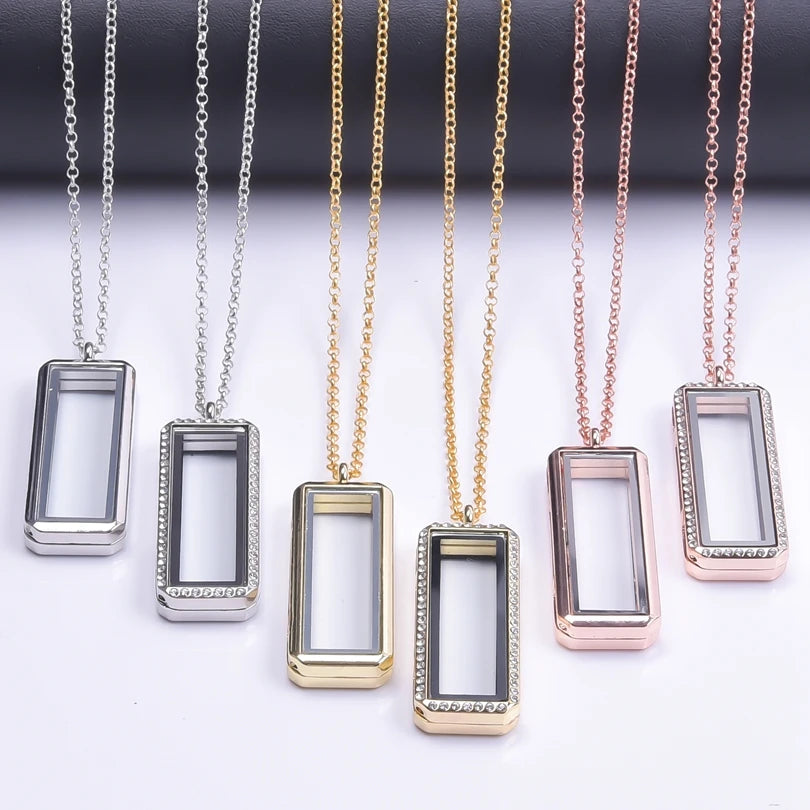 1Pc Vertical Rectangle Glass Memory Locket Pendant Women Necklaces Diy Men Floating Picture Living Medaillon Collares Jewelry