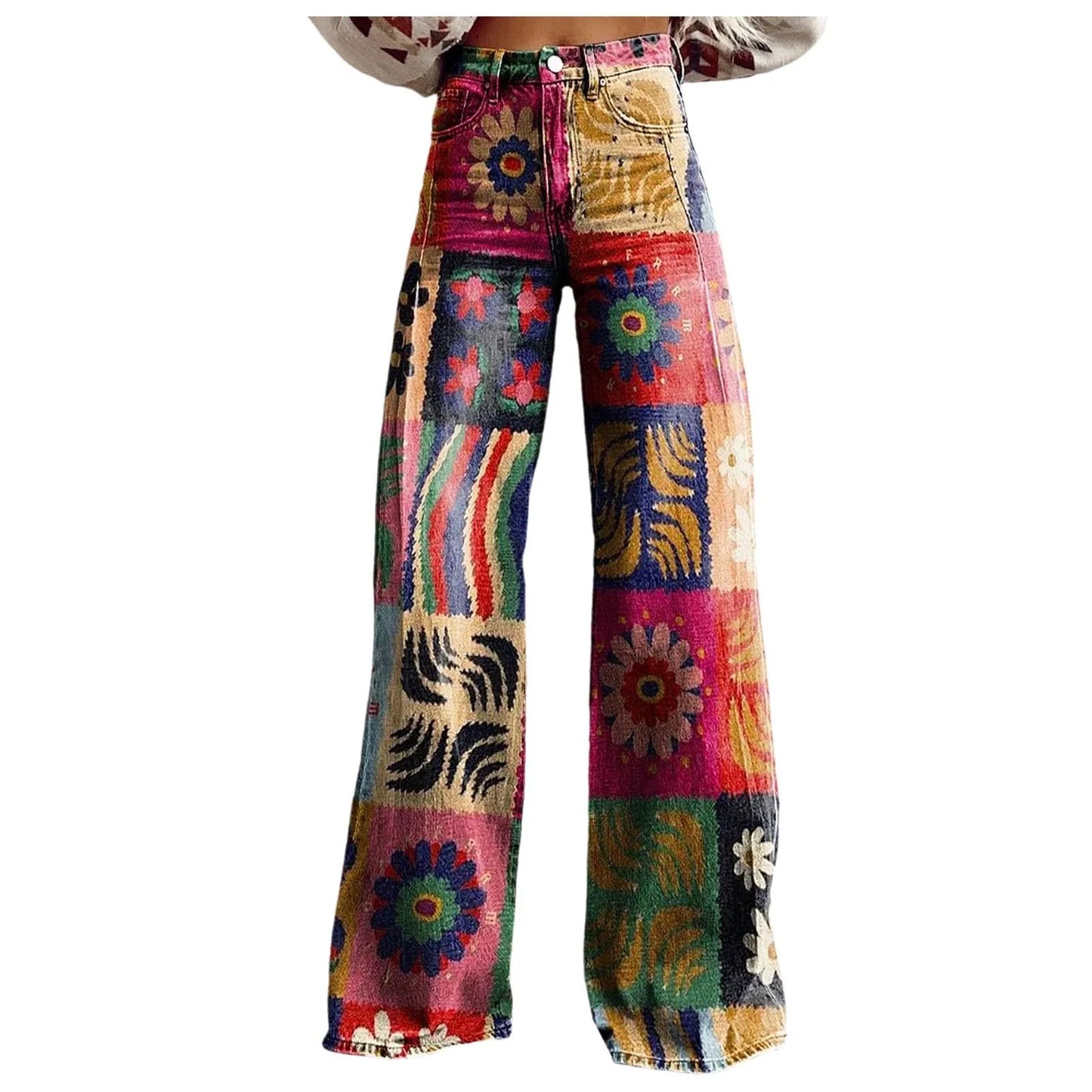 Loose Fit Comfort Vintage Wide Leg Jeans Fashion High Waisted Casual Denim Pants 90s Floral Printed Baggy Trousers Women