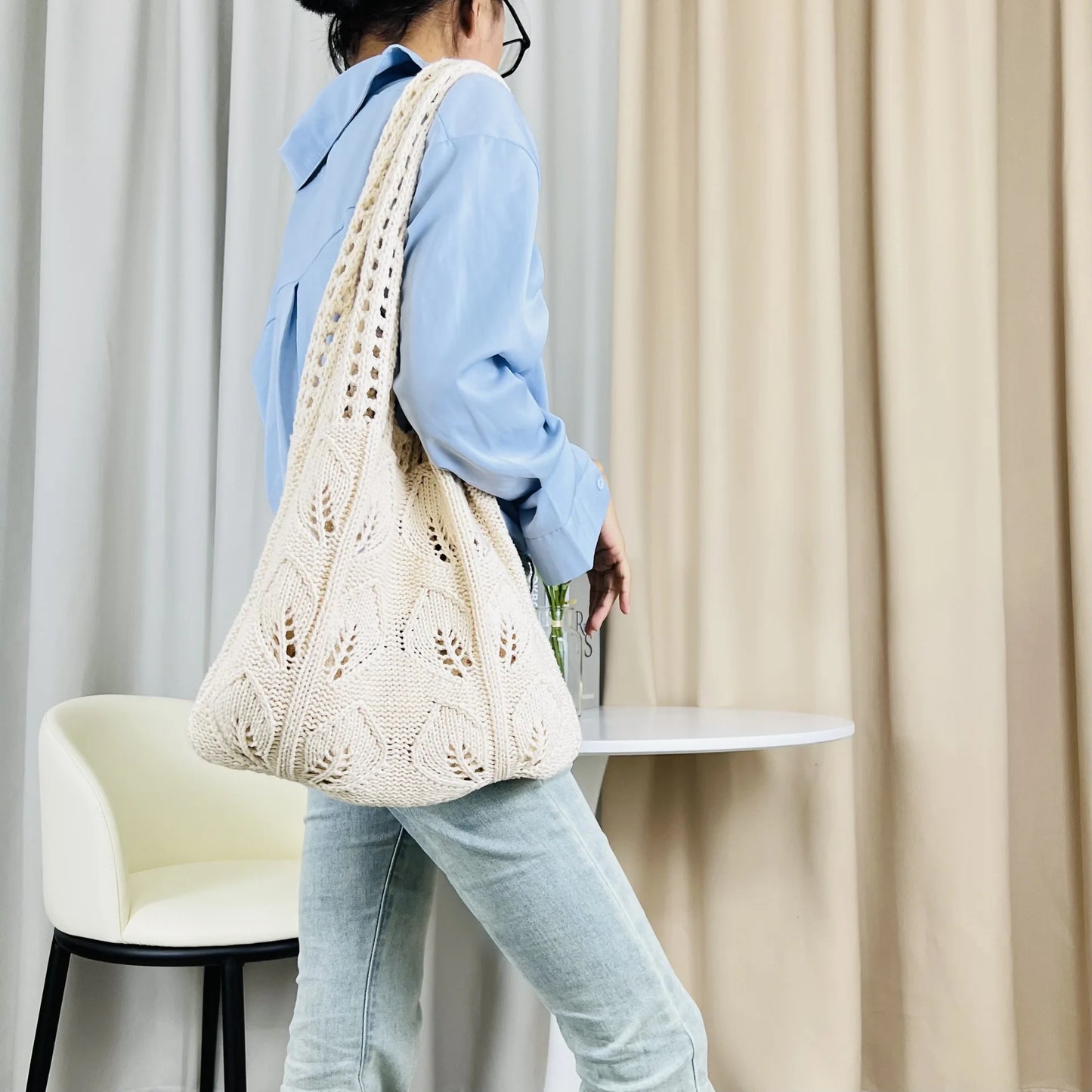 Knitted Handbags Beach Bags Lightweight Students Shoulder Casual Tote Female Style Shopping Woven Bags For Women Girls