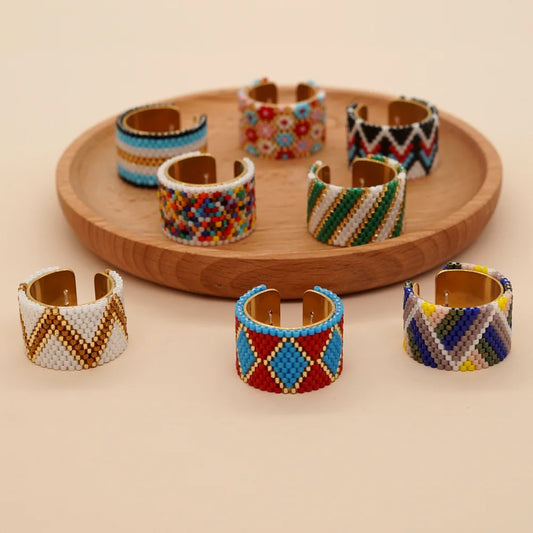 Mosengkw New Bohemian Glasses Pattern Miyuki Antique Rice Beads Pure Handwoven Jewelry Stainless Steel Ring