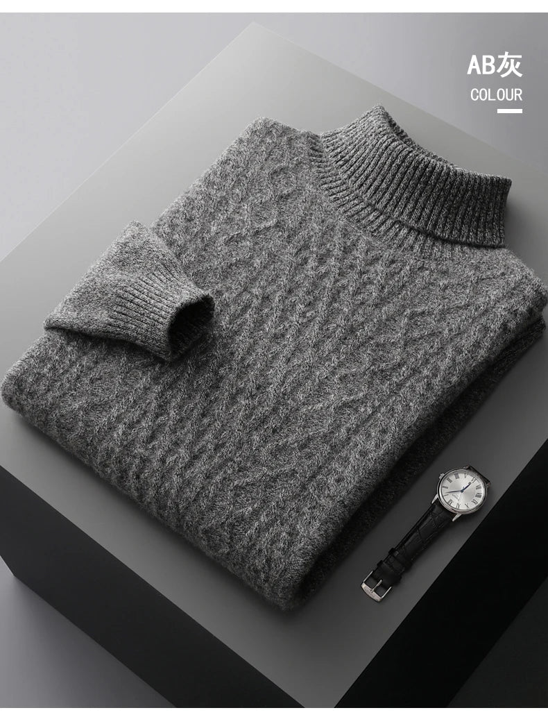 Autumn and winter new 100% wool cashmere sweater men's high neck thick jacquard bottoming shirt loose knit top warm pullover