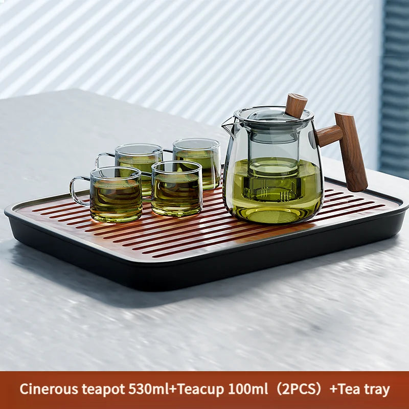 GIANXI 530ml Heat-Resistant Glass Teapot With Walnut Handle Chinese Drain/Storage Tea Tray Home Hospitality Kung Fu Tea Set