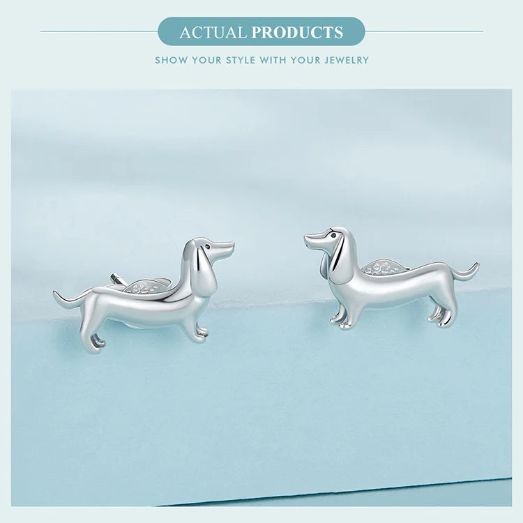 WOSTU 925 Sterling Silver Cute Dachshund Dog Adjustable Rings Stud Earrings Original Girl Lovely Pet Jewelry Set Birthday Gift Valentines Gift