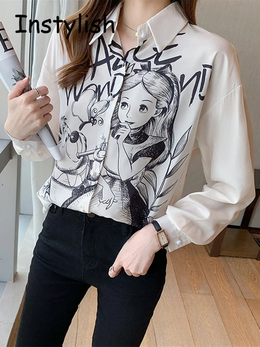 Casual Long Sleeve Cartoon Print Shirt Elegant Chiffon Blouse Women Vintage Harajuku Loose Tops Korean Chic Women Clothing Tunic