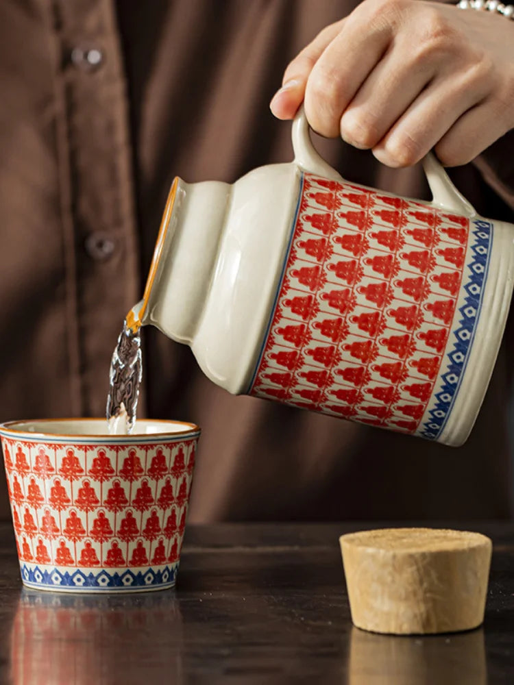 Chinese Style Teacup Set with Ruyao WanHua, Small Warm Pot, Lid Mug, Large Capacity Ceramic Hand Warmer, Travel Tea Pot + Cup