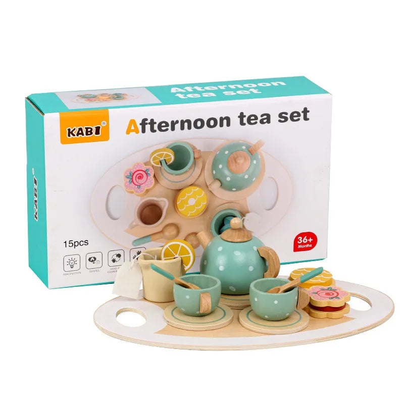 DIY Playing Home Wooden Simulation Kitchen Supplies Toy Afternoon Tea Birthday Cake European Tea Set Hands on Ability Training