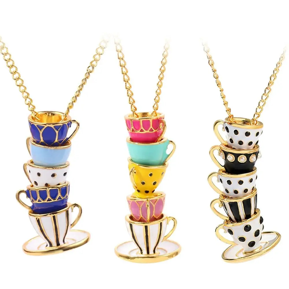 Teapot Locket Enamel Jewelry Hand Made Sweater Chain Coffee Cup pendant Long Necklace Earrings Tea Cup Necklace Teapot Necklace