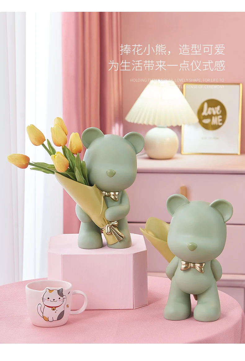 Bear Figurine Resin Flower Vase Modern Home Decor Vases Living Room Decoration Office Desk Accessories Wedding Decoration Gifts